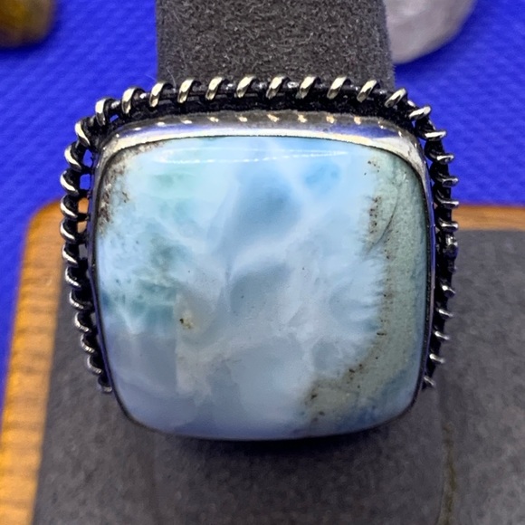 Comfort Curl ADJUSTABLE Big Square Larimar Ring! .925 Sterling Silver Overlay! - Picture 6 of 15
